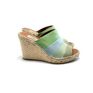 Valentino Garavani Green Striped Leather Wedge Sandal Mules